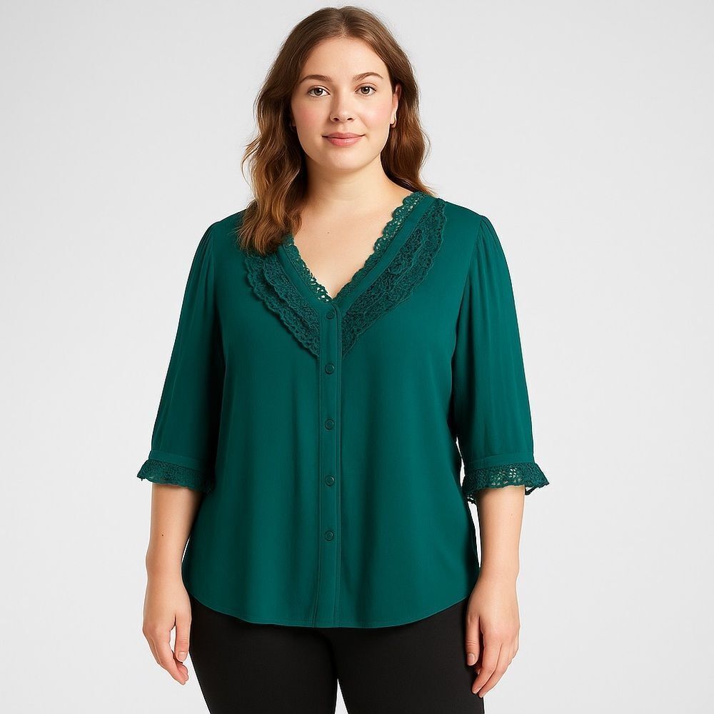 George Simonton Green Flutter Sleeve Ruffled Blouse